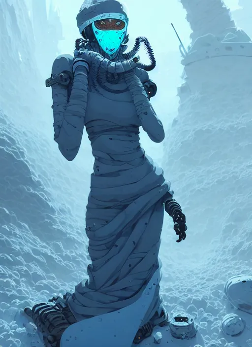 Prompt: highly detailed portrait of wasteland long curly white ice shard hair ninja mask curvy physique lady, stray wiring by atey ghailan, james gilleard, by joe fenton, by greg rutkowski, by greg tocchini, by kaethe butcher, 4 k resolution, gradient blue, cyan, black and white color scheme!!! ( ( snowy glaciated robotic dystopian city background ) )