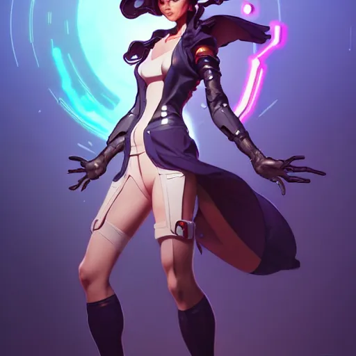 Image similar to a full body character design by artgerm, cushart krenz, ross tran, alphonse mucha. cute mad scientist girl lab coat futuristic shoulder cannon bazooka!! bold outline sharp edges. ultra clear detailed. 8 k. elegant, neon colors, dynamic angle, intricate complexity, epic composition, action pose, cinematic lighting masterpiece