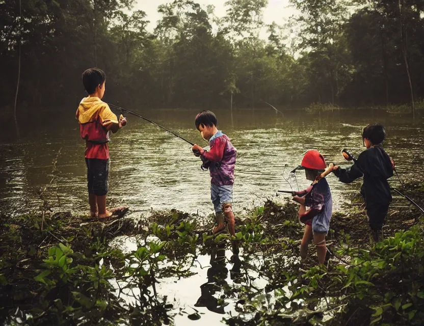 Prompt: kids fishing on a pond in the forest, ring light, smoky background, detailed, super realistic photography, sasin tipchai style