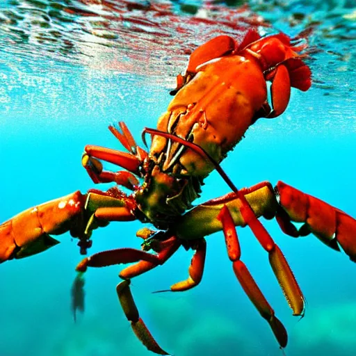 Image similar to lobsters fighting under water