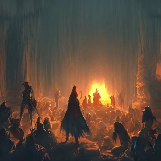 Prompt: A party of adventurers setting up camp in a dark dungeon, D&D, fantasy, digital painting, detailed, artstation, pixiv, Krenz Cushart, Greg Rutkowski