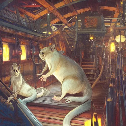 Image similar to giant rats on a ship lower deck, D&D, fantasy, highly detailed, digital painting, artstation, smooth, sharp focus, illustration, art by artgerm and greg rutkowski and alphonse mucha
