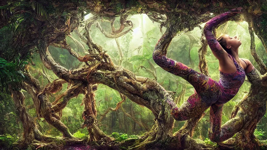 Prompt: a stunning wide angle view a slim woman doing impossible yoga poses in a fantasy dream jungle, highly detailed tree roots, artistic composition, sharp focus, intricate concept art, digital painting, colorful flat surreal design, dramatic lighting