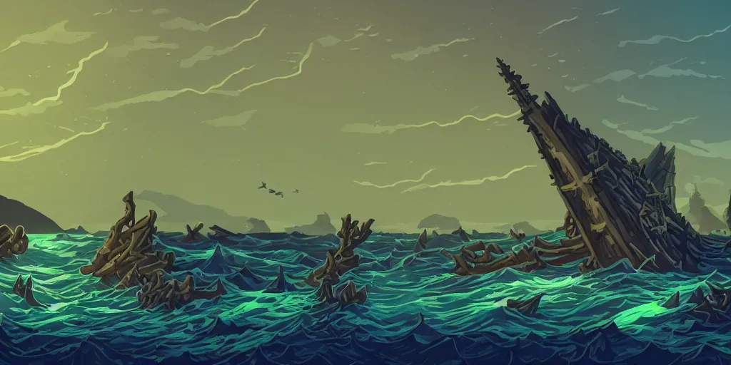 Image similar to epic ship view of a long shoreline on the edge of a dark forest and hills with evil eyes glowing between trees, drowned medieval woman shipwrecked on the shore, far in the distance is a vertical beam of light, dramatic dark glowing golden neon sunset, isometric game pixelart