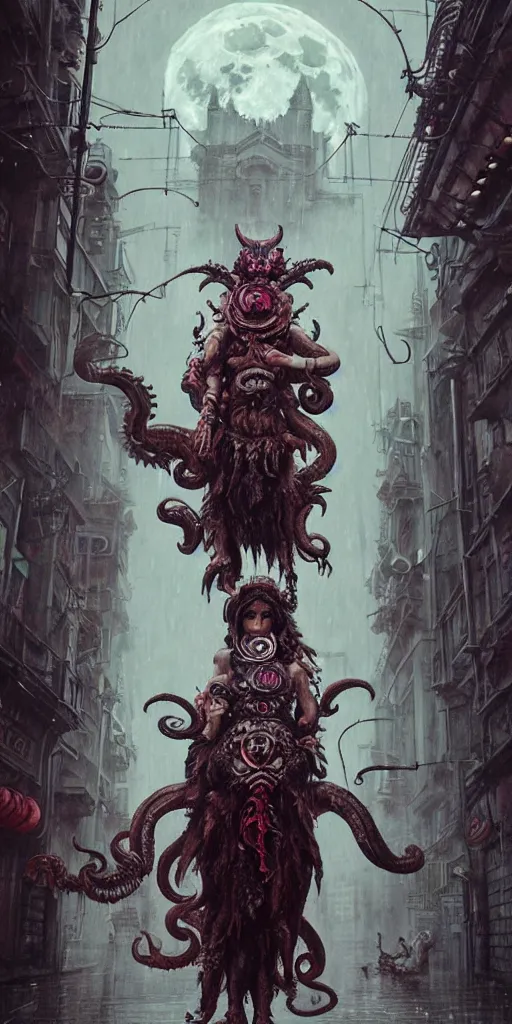 Image similar to hyper realistic Princess Mononoke fighting Cthulhu , ornate mask, wet market street, rainy atmosphere, full moon, cyberpunk metropolis, city landscape, jewels, full body pose, wolves, style of tom bagshaw, mucha, james gurney, norman rockwell, denoised, sharp