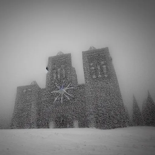 Prompt: a monolithic cathedral in the artic. overcast sky, grainy, snowing.