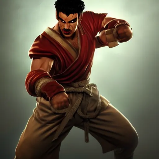 Image similar to freddy mercury as ryu street fighter, ultra realistic, concept art, intricate details, highly detailed, photorealistic, octane render, 8 k, unreal engine, art by frank frazetta, simon bisley, brom