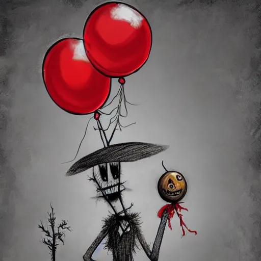 Image similar to surrealism grunge cartoon sketch of a scarecrow with a wide smile and a red balloon by - michael karcz, loony toons style, horror theme, detailed, elegant, intricate