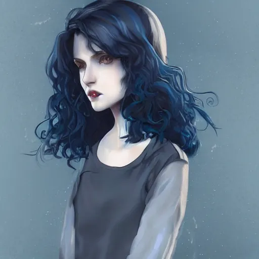 Image similar to pale girl with striking blue eyes and curly short black hair, digital art, trending on artstation