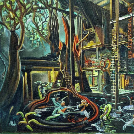 Image similar to high quality, high detail painting, dutch masterpiece, fluxus, film noir, william s burroughs, empty scene in las pozas with quetzalcoatl at night, hd, muted lighting