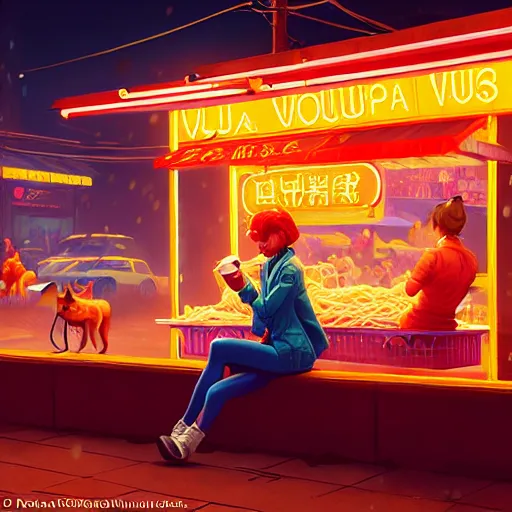 Image similar to splash art of anthropomorphic female vulpes vulpes fulva woman sitting at a noodle stand eating noodles in the crowded street of a cyberpunk city, rain, harsh neon lighting, realistic ultra detailed : by weta, greg rutkowski, wlop, ilya kuvshinov, rossdraws, artgerm, octane render, liosh, mucha