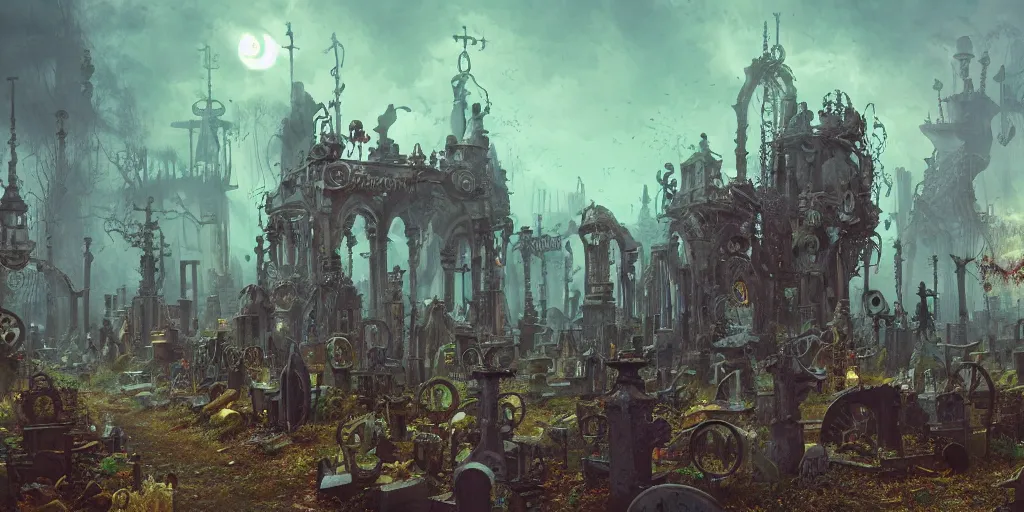 Image similar to steampunk graveyard interior, colorful, contrast, depth of field, 3 d scene, render, greg rutkowski, zabrocki, karlkka, jayison devadas, trending on artstation, 8 k, ultra wide angle, zenith view, pincushion lens effect