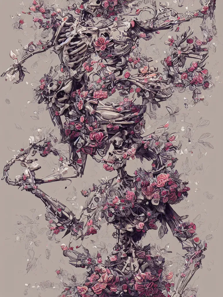 Image similar to a photo of a skeleton covered in flowers in a dynamic pose, in the style of james jean and peter mohrbacher, highly detailed, soft lighting, trending on artstation