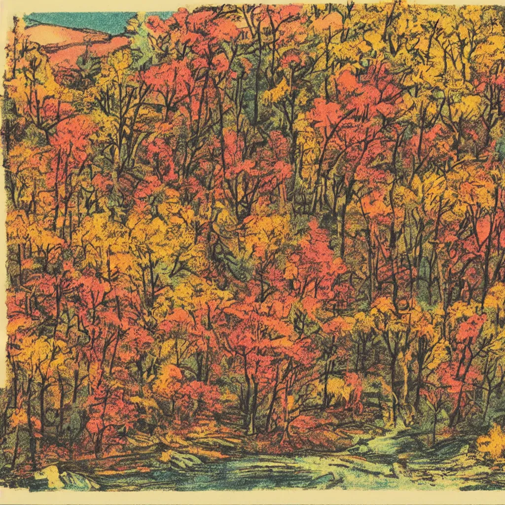 Image similar to a vintage risograph of an autumn landscape