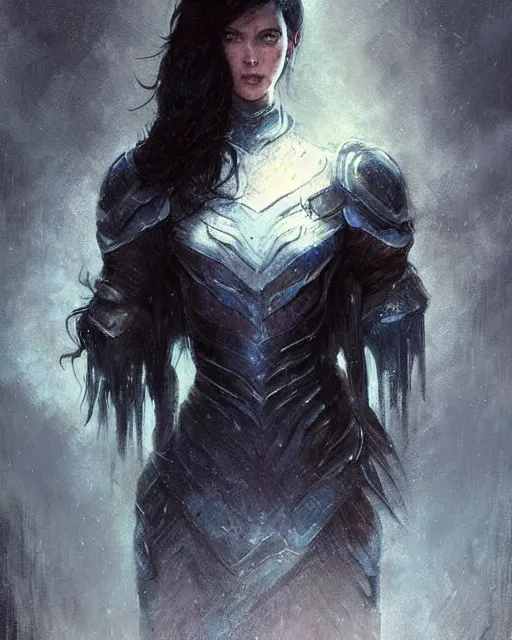 Image similar to a beautiful woman dark hair in an armor with dark eyes, elegant, dark blue, ethereal horror fantasy art by greg rutkowski and magali villeneuve and claude monet detailed