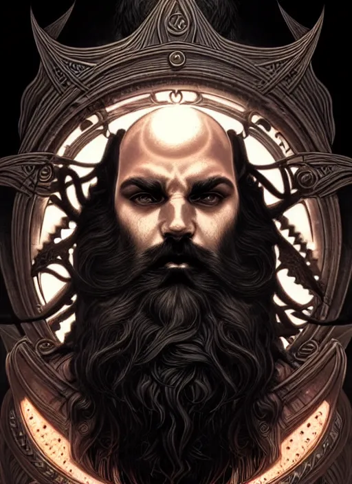 Image similar to furious god zeus, wavy black hair, bushy beard, glowing eyes, thunder forehead tattoo, volumetric lights, rose gold scheme, art nouveau botanicals, gothic, intricate, highly detailed, digital painting, artstation, concept art, smooth, sharp focus, symmetric face, illustration, steampunk, art by artgerm and greg rutkowski and alphonse mucha