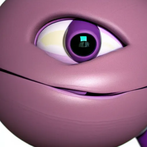 Image similar to photo of a clay model of character with large spherical purple head and tiny eyes with comically tiny body and spindly limbs leans close to the camera, fish eye lens, 4 k, hyper realistic, hyper detailed face, octane render, comedic, cute