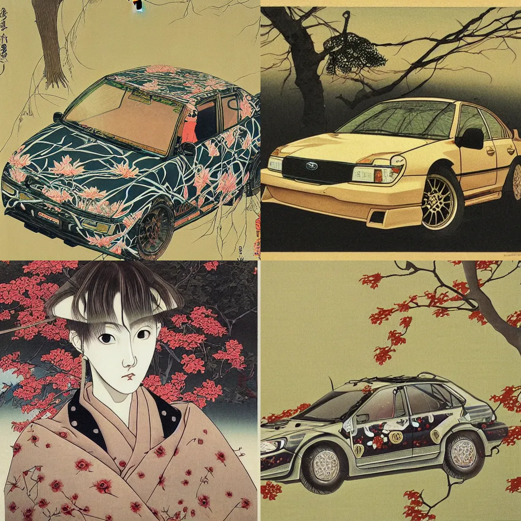 Prompt: Subaru car on Takato Yamamoto style, oil on canvas