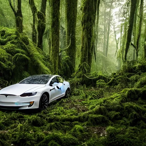 Image similar to A cinematographic 30mm shot of crashed white tesla cars resembling skeletons of whales outgrown by moss, vines and ferns, submerged in a lush and dense forest, dusk light filtering from the trees below. The scene is apocalyptic, eerie but serene, volumetric, 8k, high resolution