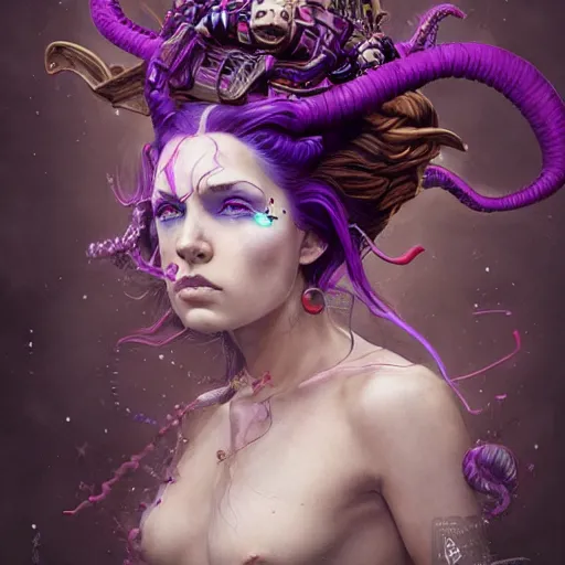 Prompt: art portrait of a furious girl with purple tentacles on her head, and purple eyes, 8k,by tristan eaton, Stanley Artgermm,Tom Bagshaw,Greg Rutkowski,Carne Griffiths,trending on DeviantArt, face enhance,hyper detailed ,full of colour,