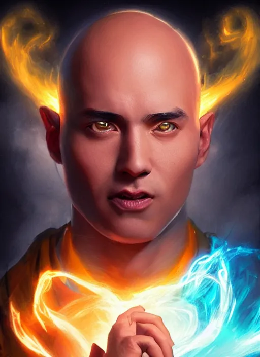 Image similar to a portrait fantastical glowing bald young monk made of blue aura and energy illustrated by artgerm and greg rutkowski