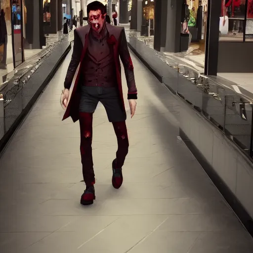 Prompt: vampire with bloody clothes walking in a shopping mall, 8 k, trending on artstation