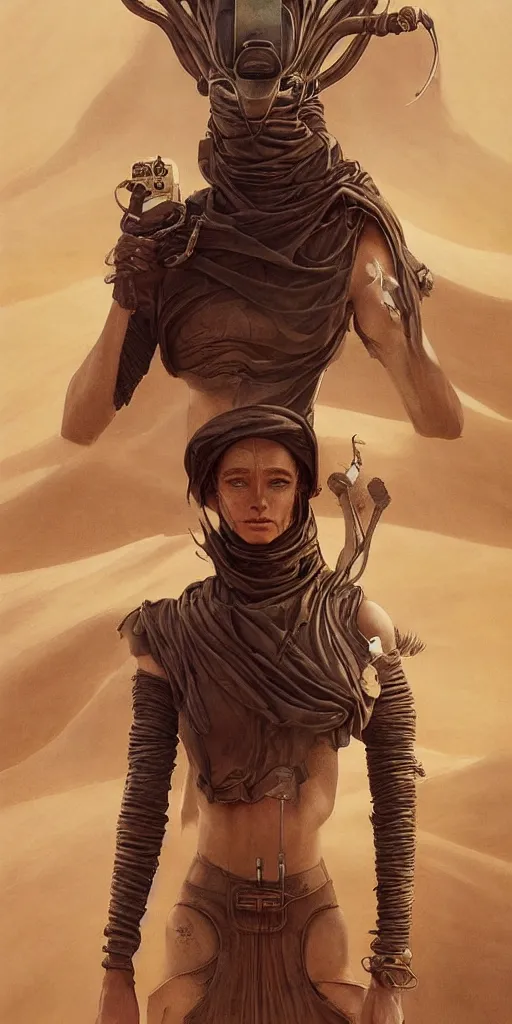 Image similar to a stunning hyperrealistic character from the movie Dune walking through an arid minimalistic desert with harsh noon sunlight with an oasis in the background, award-winning, masterpiece, in the style of Tom Bagshaw, Cedric Peyravernay, Peter Mohrbacher