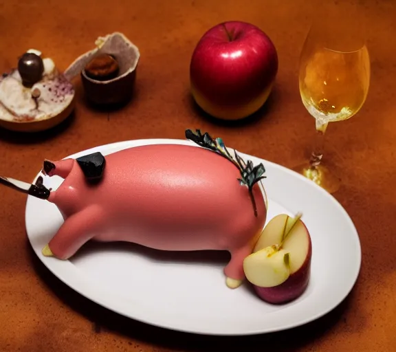 Prompt: roast pig dish with apple in the mouth. highly detailed 8 k. intricate. nikon. award winning photography.