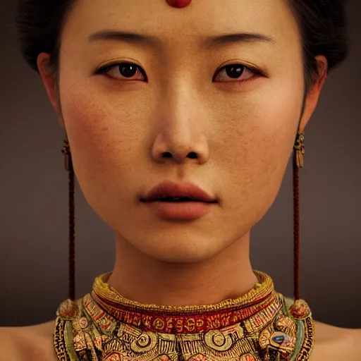 Image similar to vintage portrait of a stunningly beautiful asian tribal female, depth of field, zeiss lens, detailed, symmetrical, centered, fashion photoshoot, by edward s curtis, Annie Leibovitz and Steve McCurry, David Lazar, Jimmy Nelsson, Breathtaking, 8k resolution, extremely detailed, beautiful, establishing shot, artistic, hyperrealistic, beautiful face, octane render