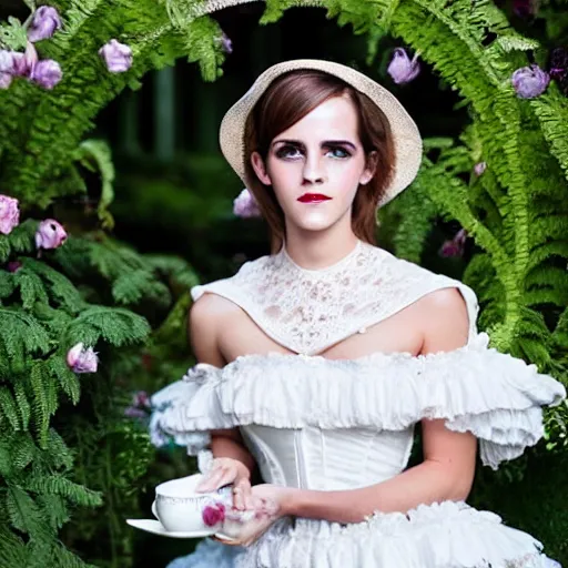Image similar to full body fashion model emma watson smokey eyes makeup eye shadow fantasy, glow, shimmer as victorian woman in a long white frilly lace dress and a large white hat having tea in a sunroom filled with flowers, roses and lush fern flowers ,intricate, night, highly detailed, dramatic lighting , high quality