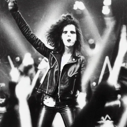 Image similar to 19-year-old girl wearing black leather jacket and denim jeans, New Wave of British Heavy Metal, 1983, Polaroid, crowd of longhairs, British flag, concert