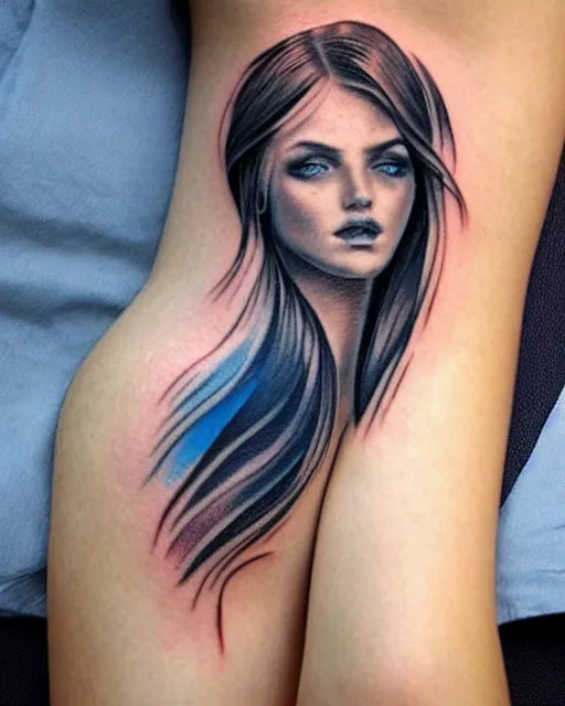 Image similar to tattoo design sketch of a beautiful blue - eyed woman face with a faded background of beautiful mountains on her side, hyper - realistic, in the style of den yakovlev, amazing detail, black and white