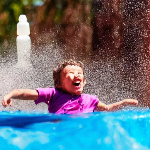 Prompt: photo of a kid sliding through chocolate pudding head first, slip n slide