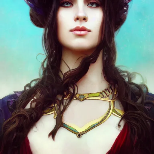 Prompt: A seductive twenty year old Mesopotamian witch in training, fully clothed in a major Mesopotamian city, portrait, highly detailed, digital painting, artstation, concept art, sharp focus, illustration, cinematic lighting, art by artgerm and greg rutkowski and alphonse mucha