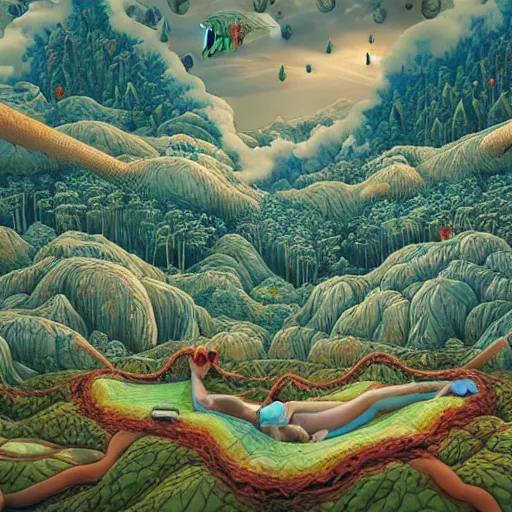 Image similar to inflatable landscape with forest, river and mountains floating swarm of presents dreams and wishes , concept art, huge scale, high detail, sci fi by James Jean