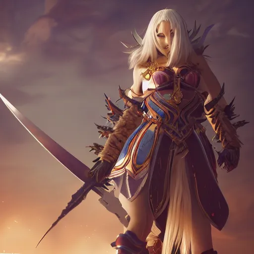 Prompt: character design, beautifull female warrior, fantasy style clothing, anime key visual, official media, illustrated by wlop, extremely detailed, 8 k, trending on artstation, cinematic lighting, beautiful, mist, photorealistic, octane render, unreal engine, hyper detailed, volumetric lighting