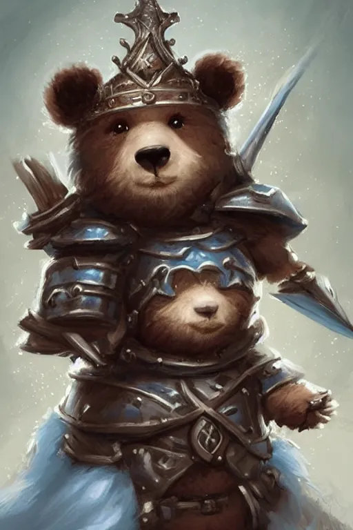 Image similar to cute little anthropomorphic bear knight wearing a cape and a crown, tiny, small, miniature bear, baby animal, short, pale blue armor, cute and adorable, pretty, beautiful, DnD character art portrait, matte fantasy painting, DeviantArt Artstation, by Jason Felix by Steve Argyle by Tyler Jacobson by Peter Mohrbacher, cinematic lighting