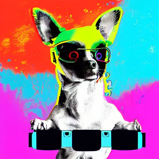 Image similar to illustration of cyberpunk chihuahua in vr helmet, colorful splatters, by andy warhol and by zac retz and by kezie demessance