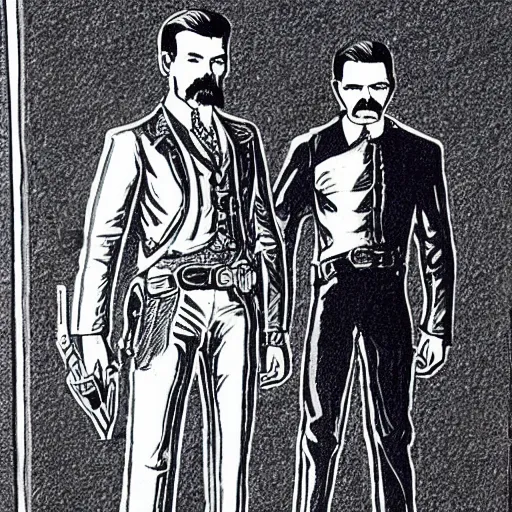 Image similar to hand drawn image of wyatt earp and doc holliday standing on the deck of a futuristic spacecraft, high detail, ultra realistic