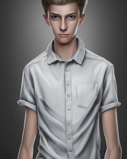 Image similar to portrait of 1 5 - year - old boy, a tall, slender boy with a pale, pointed face, sleek blond hair, and ice grey eyes, wearing in shirt, hyper realistic face, beautiful eyes, character art, art by mark brooks, hyperdetailed, cryengine, trending on artstation, digital art