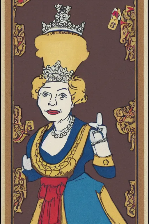 Image similar to queen elizabeth ii as quin of cards from alice in wonderlands