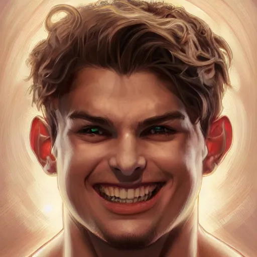 Image similar to character concept, portrait, symmetrical head - on centralized, laughing young man with strong body. detailed, high quality, dynamic lightning, fantasy, scenematic. artwork by artgerm, wlop, alex ross, greg rutknowski, alphonse mucha