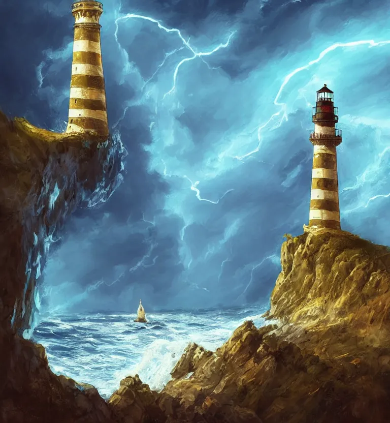 Image similar to medieval fantasy artwork. cliff with an ancient lighthouse on top. the lighthouse is enveloped by a column of blue swirling light. the sea at the bottom of the cliff ( rough sea ).