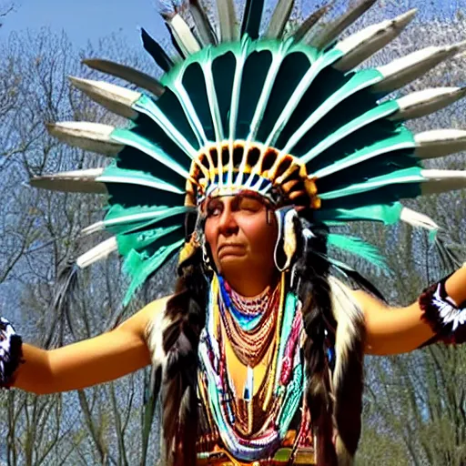 Prompt: photo of the statue of liberty as a native indian with head dress, native american hoop dance, coper cladding
