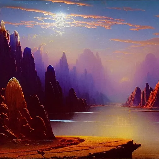 Image similar to world of bruce pennington, beautiful extremely detailed landscape oil on canvas in the style of 1 9 th century hudson river school of art