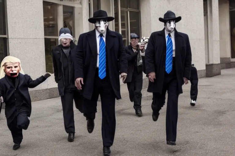 Image similar to dramatic cinematic bank robbers running out of bank wearing trump masks by Emmanuel Lubezki