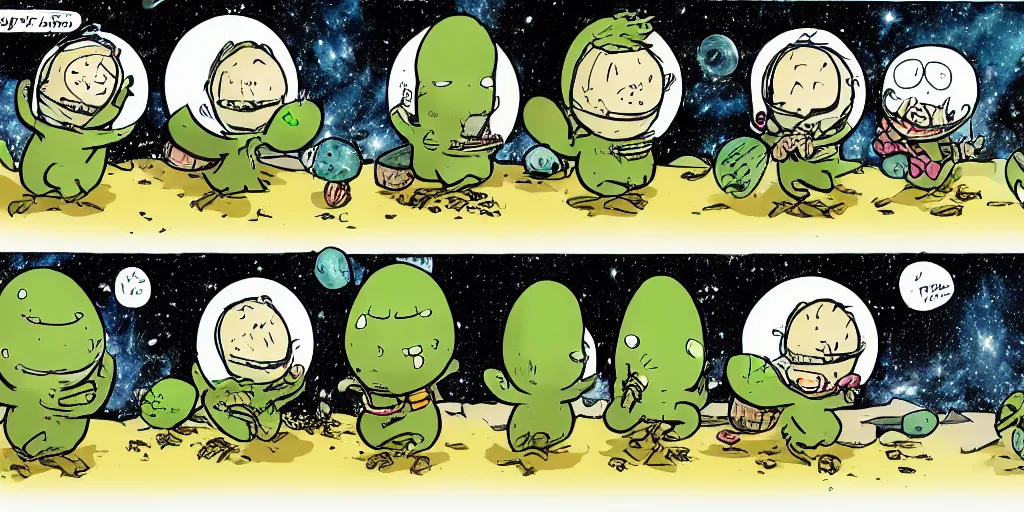 Image similar to a 3 panel comic strip about avocadoes in space, style of bill watterson