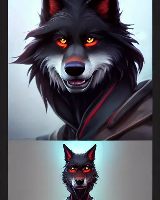 Image similar to character concept art of a black anthropomorphic furry male wolf with long red hair | | cute - fine - face, pretty face, key visual, realistic shaded perfect face, fine details by stanley artgerm lau, wlop, rossdraws, james jean, andrei riabovitchev, marc simonetti, and sakimichan, trending on artstation