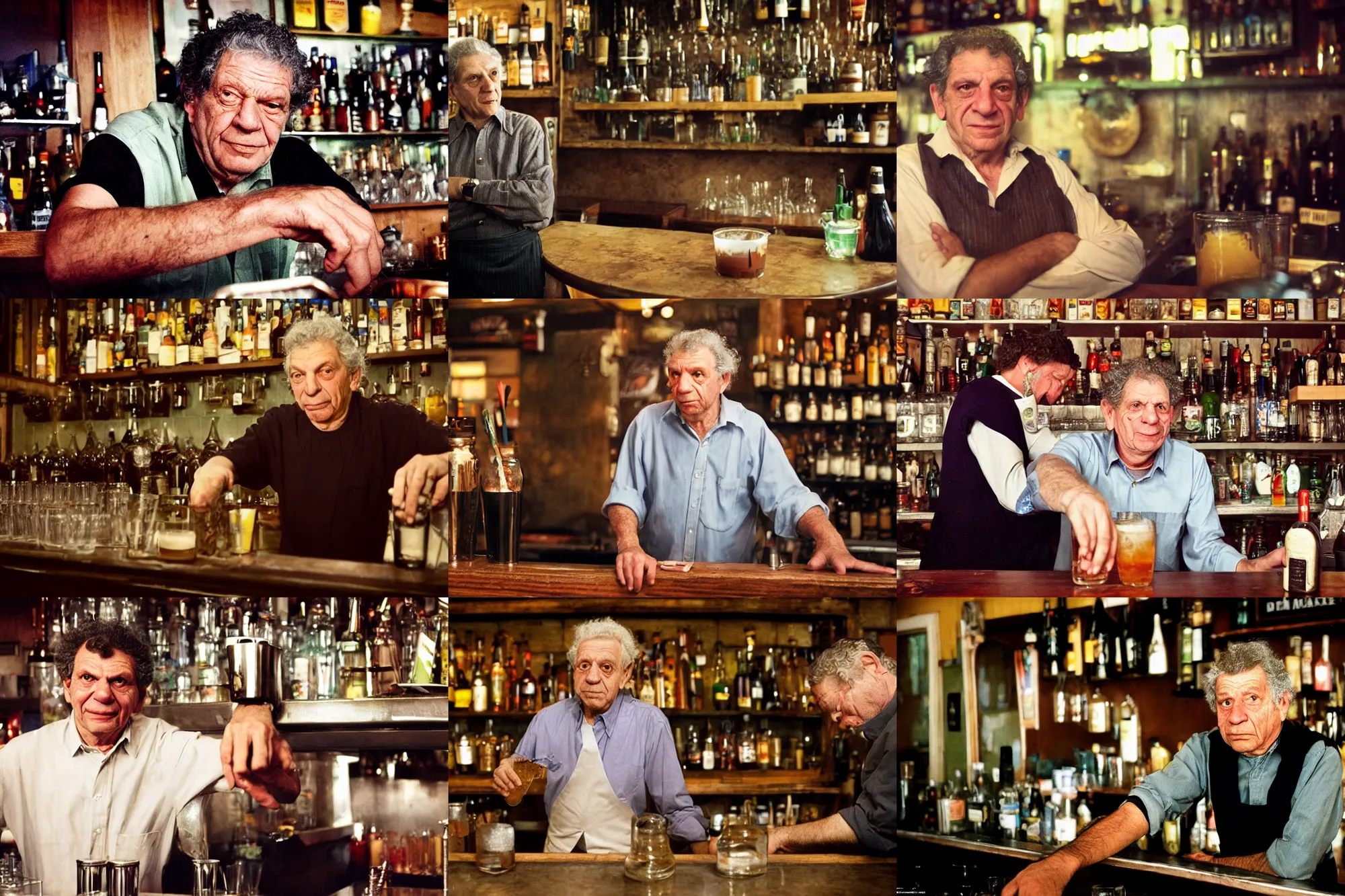 Prompt: candid portrait photograph of moe szyslak working behind a bar in a dank and seedy pub, photo by annie leibowitz and steve mccurry