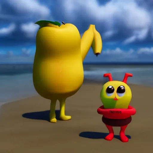 Prompt: Mister Apple meets Mister Banana at the beach, 3D, hyperrealistic, cinematic lighting, volumetric lighting, 8k, artstation, anthropomorphized fruit